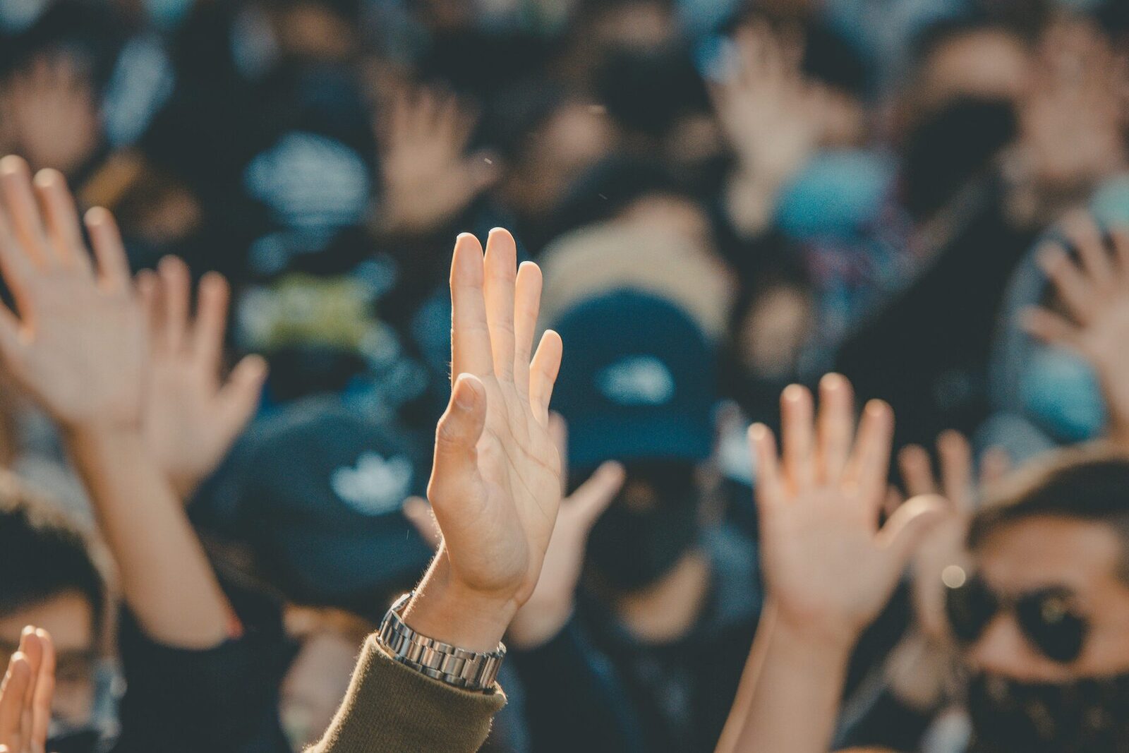Raised hands in a crowd, one sharp in the centre wearing a watch, the rest and the people below them falling into soft blur.
